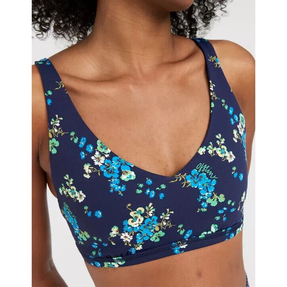 NWT Offline By Aerie Women's Goals Plunge Sports Bra in Royal Navy Floral Size M